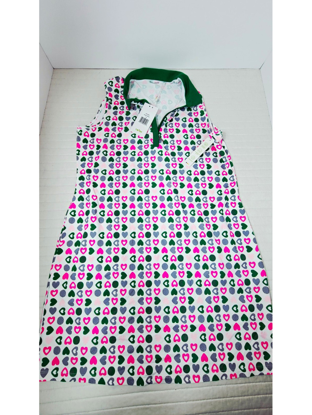 Swing Control Womens L Hearts Print Sleeveless 1/2 Zip Collared Polo Dress